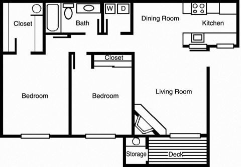 Sapling - 2 Bedroom 1 Bath Floor Plan Layout - 843 Square Feet at Woodlake Apartments, Kirkland, WA